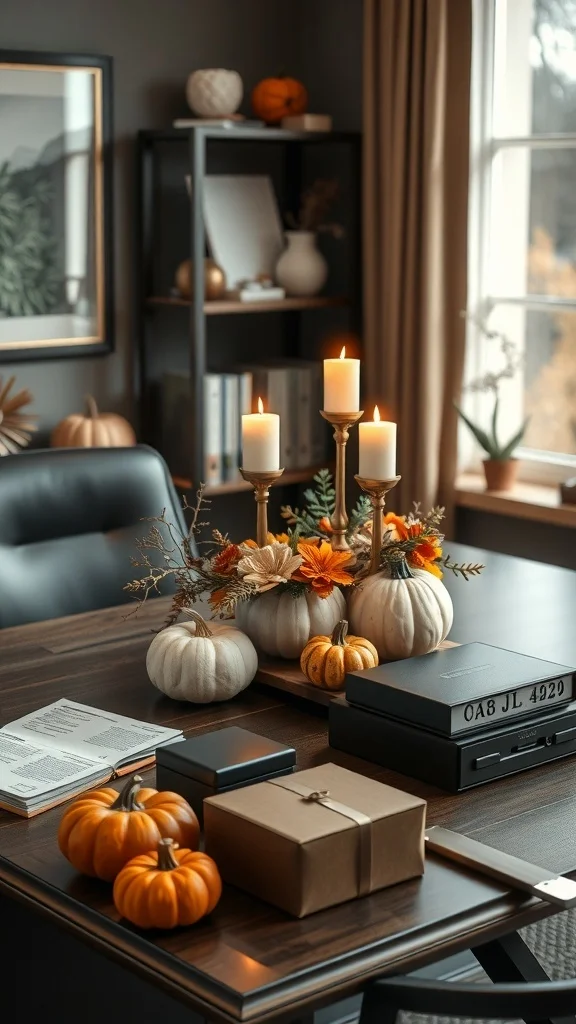 Desk centerpiece with white pumpkins, candles, and autumn flowers