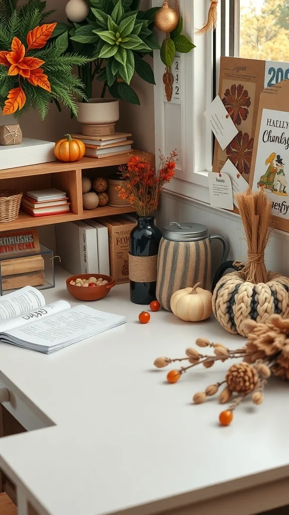 Organized desk with pumpkins, autumn leaves, and books