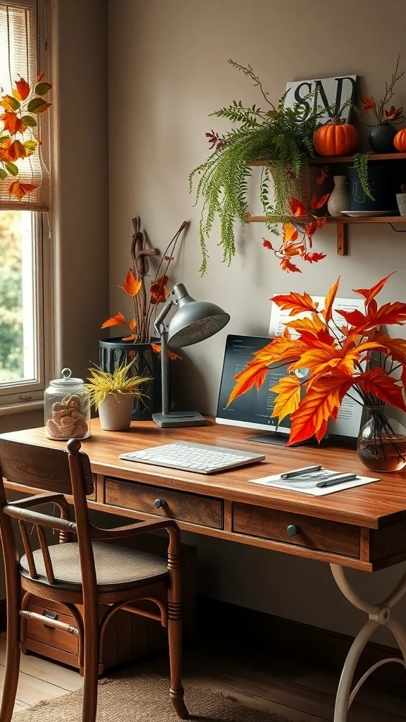 Desk with seasonal plants and fall decorations