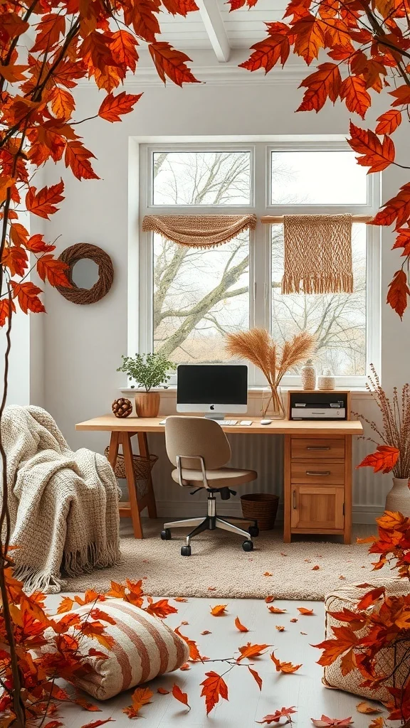 Office with wooden desk, cozy chair, throw blanket, and autumn leaves
