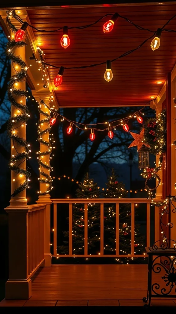 50 Charming Vintage Christmas Decor Ideas to Transform Your Home A welcoming porch illuminated with retro Christmas lights and festive greenery.