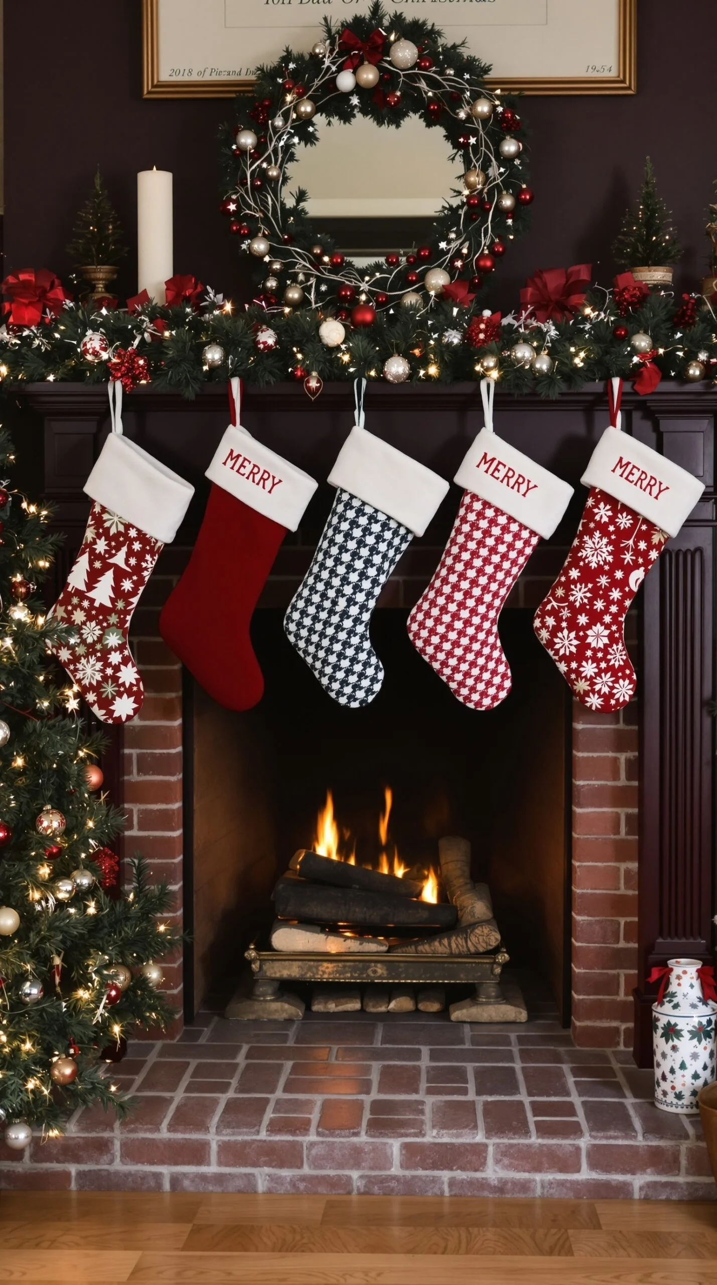 50 Charming Vintage Christmas Decor Ideas to Transform Your Home A warm fireplace decorated with classic Christmas stockings and festive ornaments.