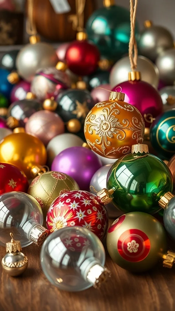 50 Charming Vintage Christmas Decor Ideas to Transform Your Home A vibrant assortment of antique glass baubles in various shapes and colors, ideal for vintage Christmas decor.