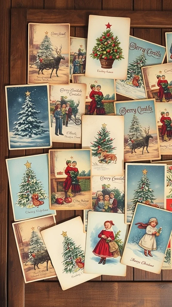 50 Charming Vintage Christmas Decor Ideas to Transform Your Home A collection of vintage Christmas cards featuring festive illustrations, arranged with pinecones and ornaments.
