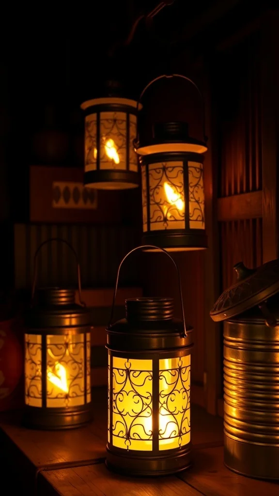 50 Charming Vintage Christmas Decor Ideas to Transform Your Home Vintage-style tin can lanterns glowing warmly in a dimly lit room.
