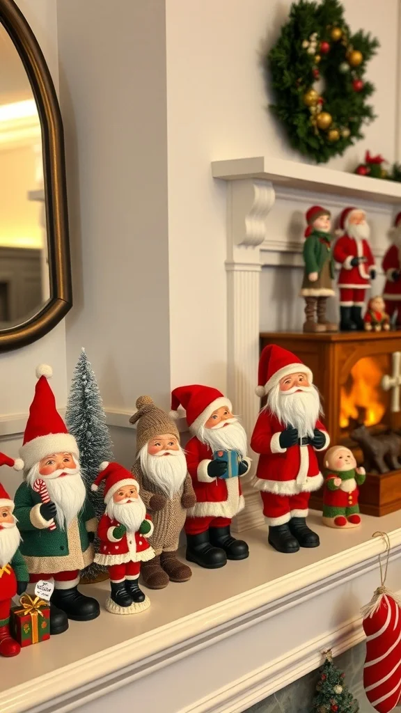 50 Charming Vintage Christmas Decor Ideas to Transform Your Home A mantel adorned with a variety of vintage Santa Claus figurines in different styles and sizes.