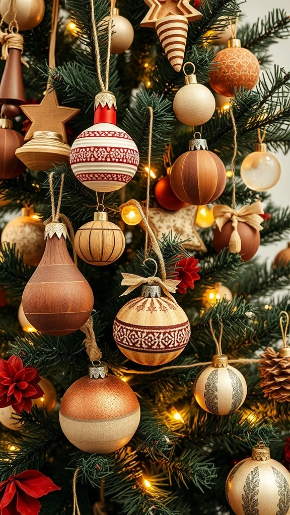 50 Charming Vintage Christmas Decor Ideas to Transform Your Home Close-up of rustic wooden ornaments in various shapes hanging on a Christmas tree.