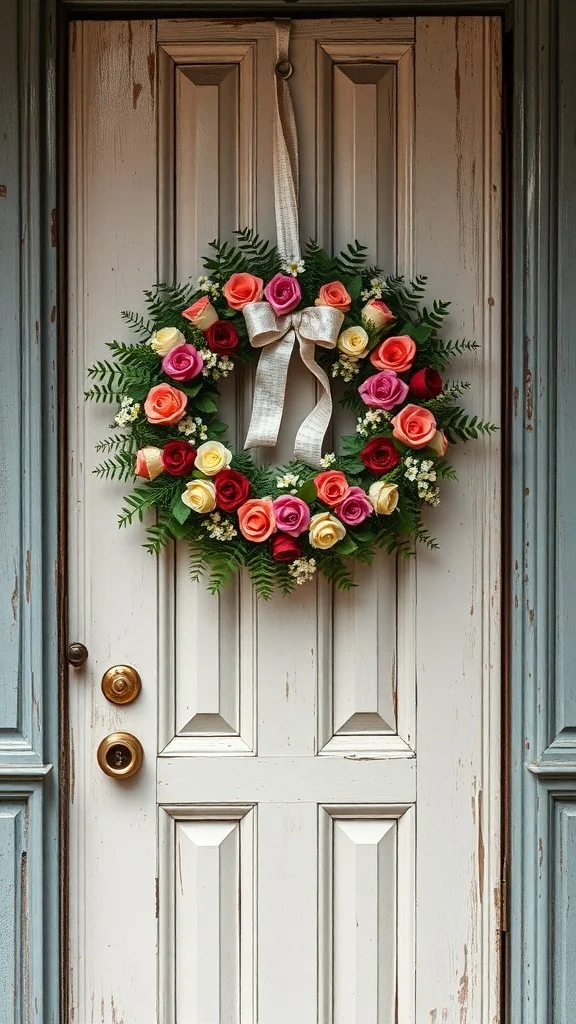 50 Charming Vintage Christmas Decor Ideas to Transform Your Home A Victorian-inspired wreath with colorful roses and lush greenery hanging on a door.