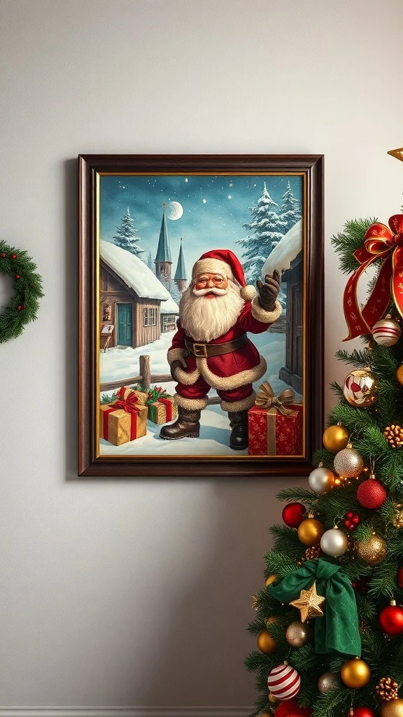 50 Charming Vintage Christmas Decor Ideas to Transform Your Home Vintage Santa poster in a wooden frame, depicting Santa Claus in a snowy landscape with gifts.