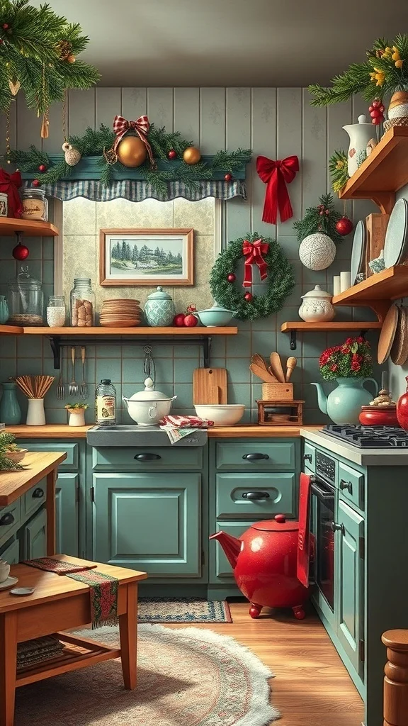50 Charming Vintage Christmas Decor Ideas to Transform Your Home A vintage-style kitchen decorated for Christmas with blue cabinets, festive wreaths, and a red kettle.