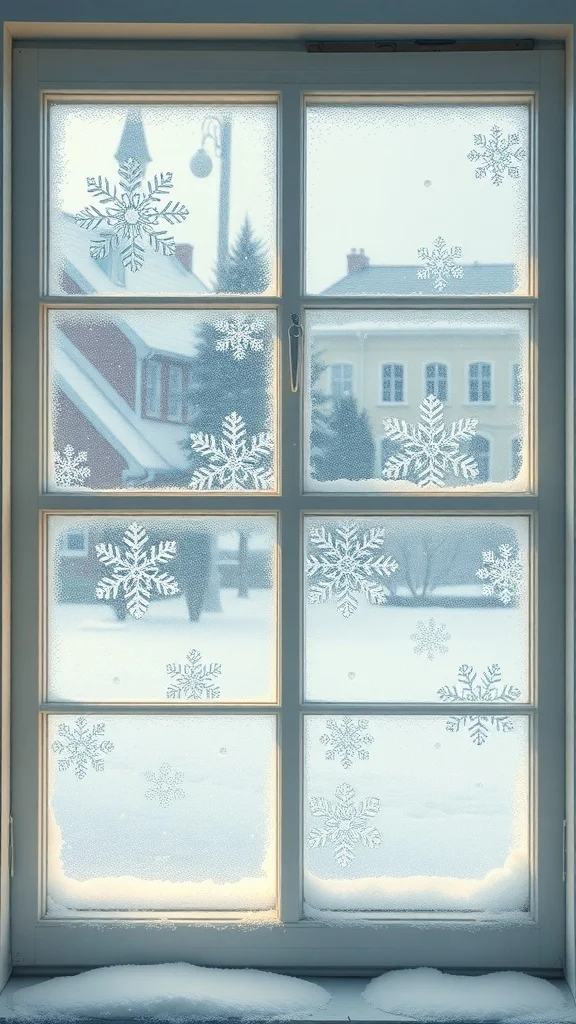 50 Charming Vintage Christmas Decor Ideas to Transform Your Home Frosted window panes with snowflake patterns, showcasing a winter scene outside.