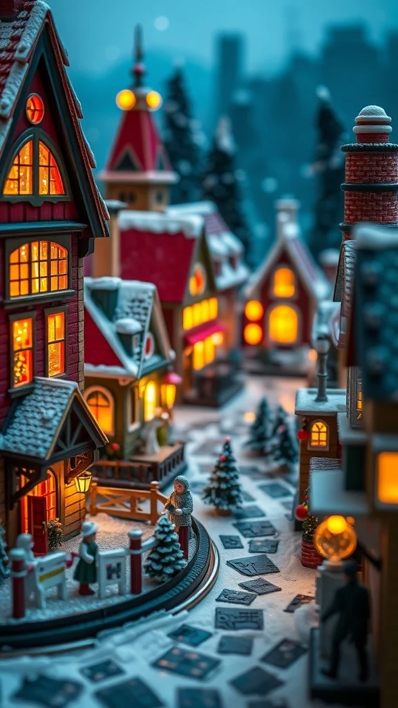 50 Charming Vintage Christmas Decor Ideas to Transform Your Home A cozy Heritage Christmas Village with glowing houses, snowy streets, and festive decorations.
