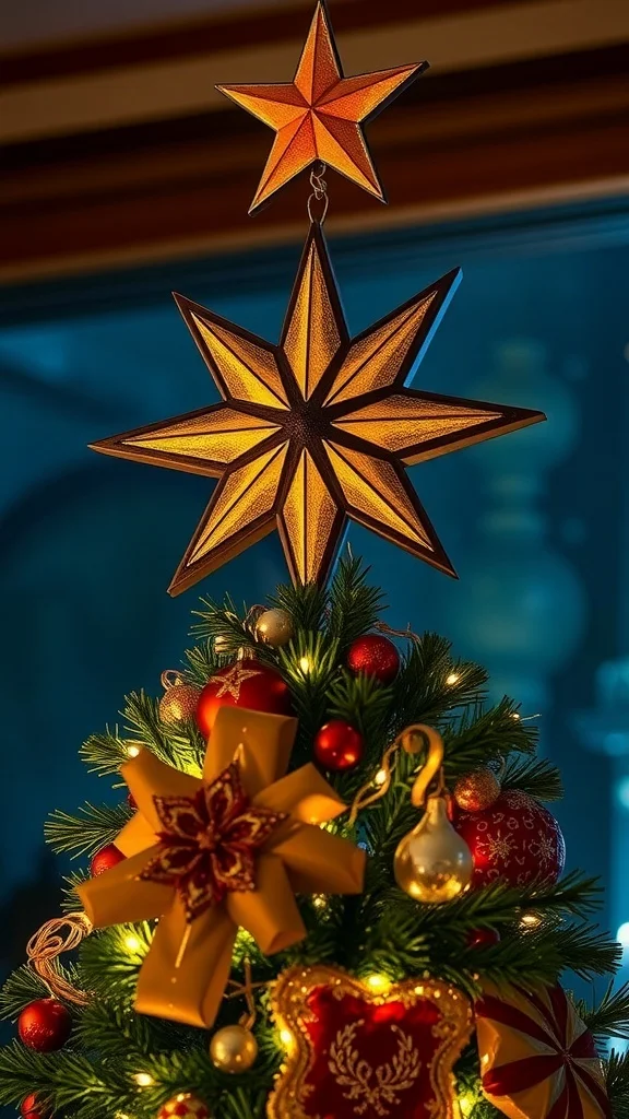 50 Charming Vintage Christmas Decor Ideas to Transform Your Home Vintage Christmas tree topper featuring two decorative stars.