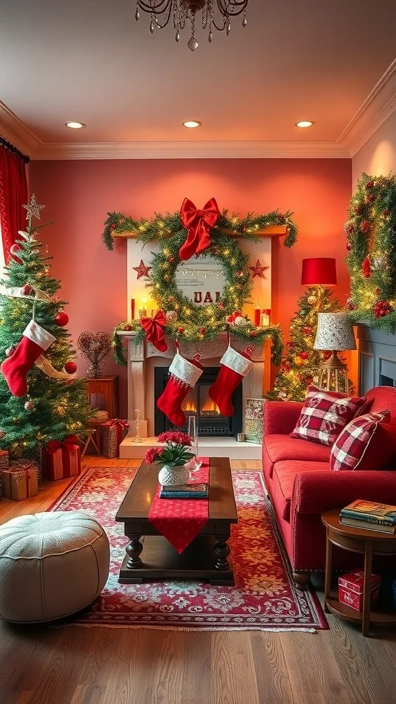 50 Charming Vintage Christmas Decor Ideas to Transform Your Home Cozy living room decorated for Christmas with red and green decor.