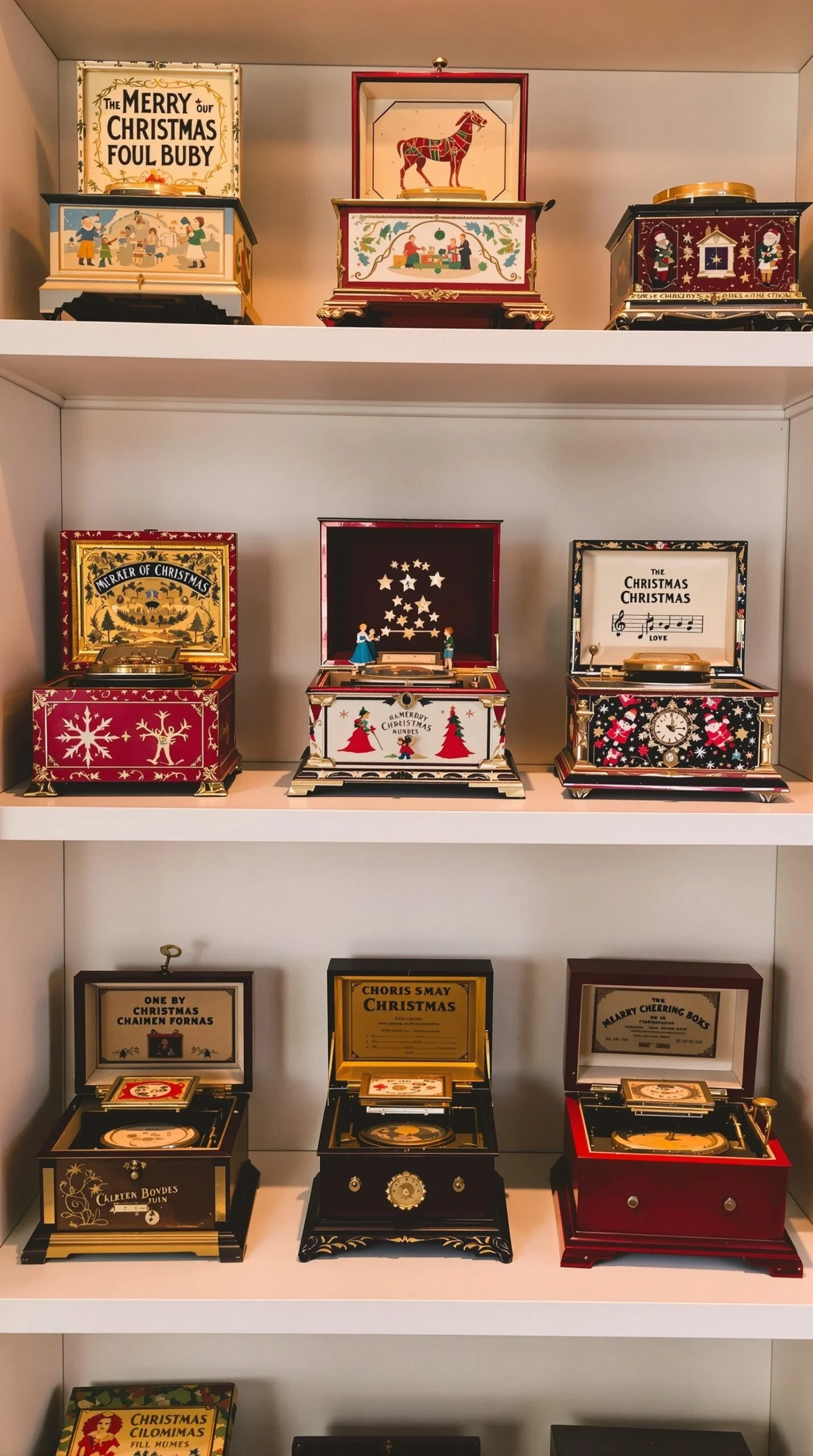 50 Charming Vintage Christmas Decor Ideas to Transform Your Home A collection of vintage Christmas music boxes with festive decorations.