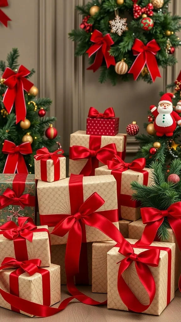 50 Charming Vintage Christmas Decor Ideas to Transform Your Home Beautifully wrapped gifts with classic red velvet ribbons surrounded by festive decorations.