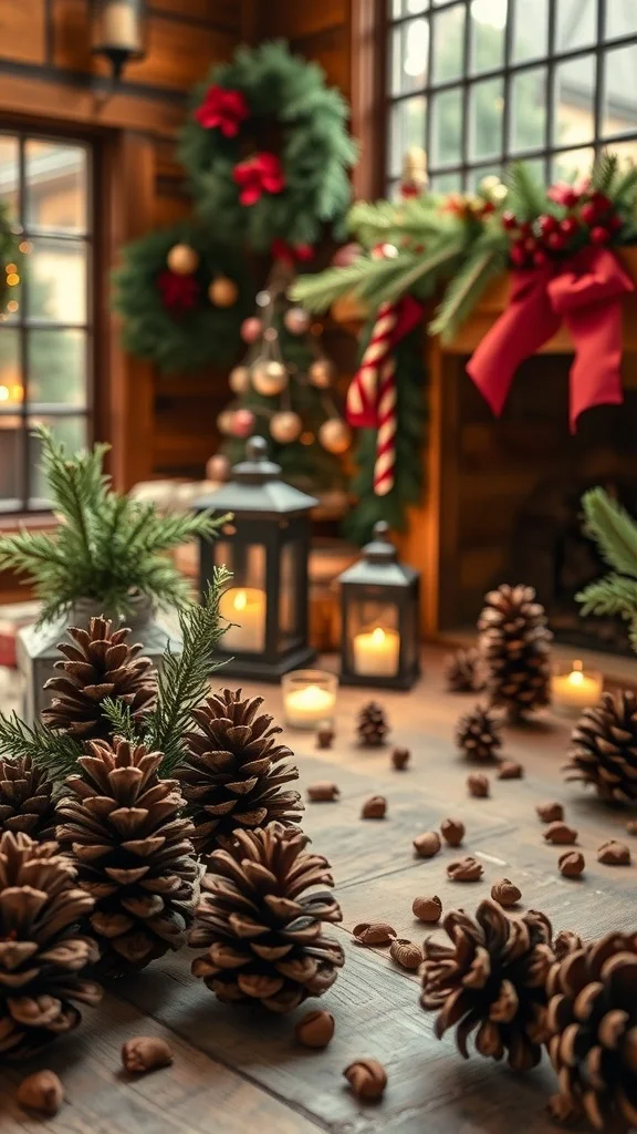 50 Charming Vintage Christmas Decor Ideas to Transform Your Home Rustic decor featuring pinecones, greenery, and candles on a wooden table.