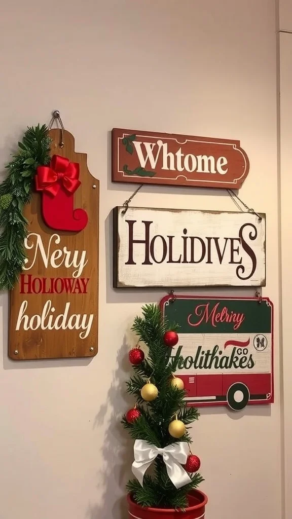 50 Charming Vintage Christmas Decor Ideas to Transform Your Home A collection of retro holiday greeting signs with festive designs and colors, accompanied by a small decorative tree.