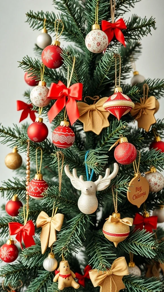 50 Charming Vintage Christmas Decor Ideas to Transform Your Home A Christmas tree decorated with red and gold handcrafted ornaments and bows.