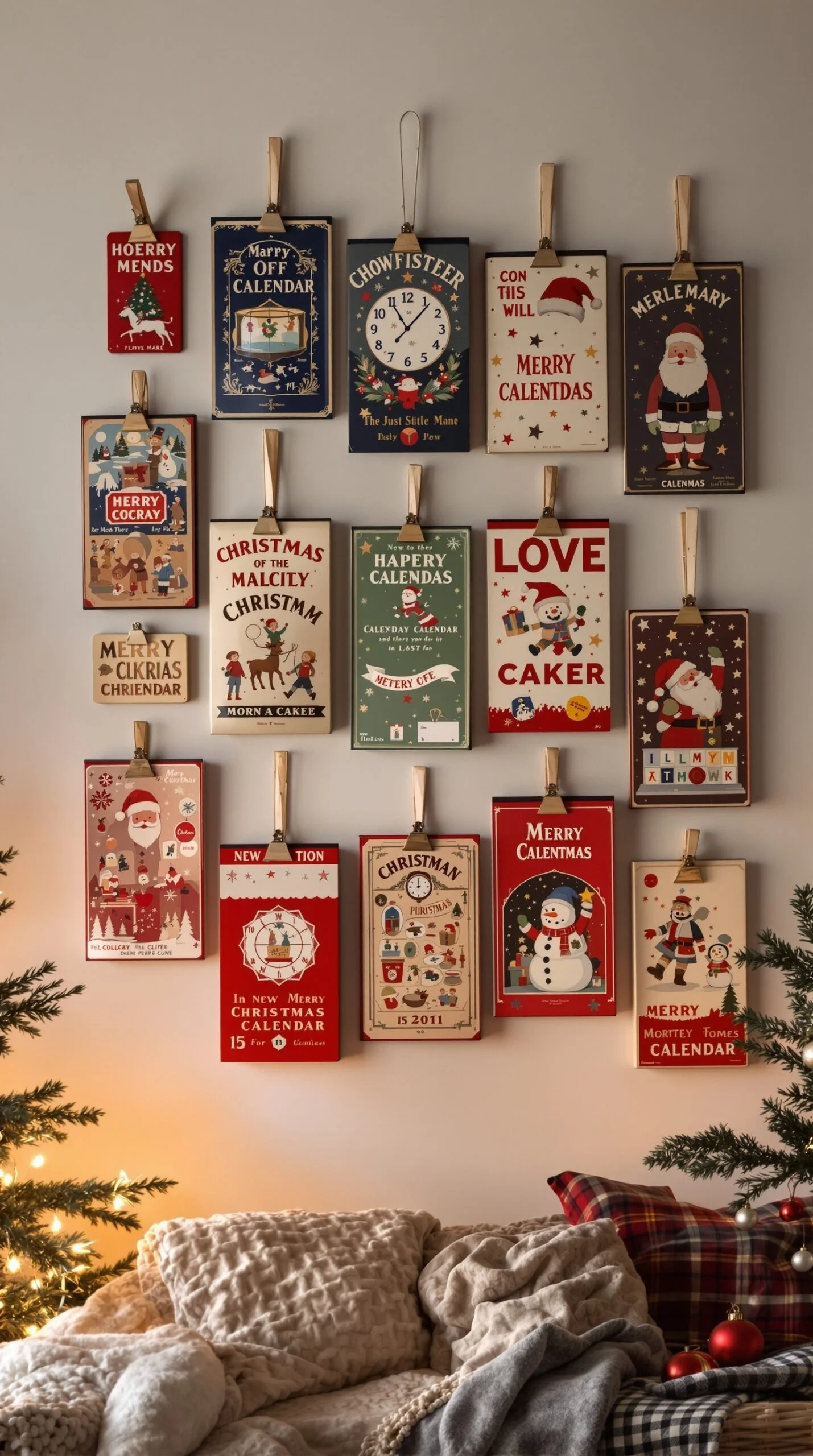 50 Charming Vintage Christmas Decor Ideas to Transform Your Home A collection of vintage advent calendars hanging on a wall, showcasing colorful illustrations and festive themes.