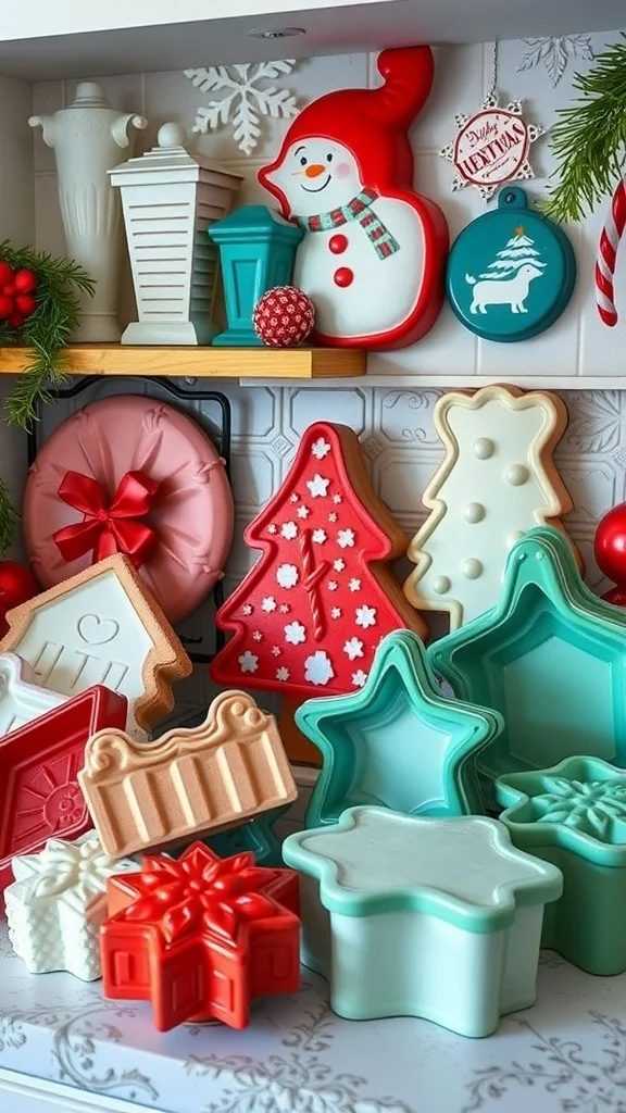 50 Charming Vintage Christmas Decor Ideas to Transform Your Home Colorful vintage holiday baking molds in various festive shapes like snowmen, Christmas trees, and stars.