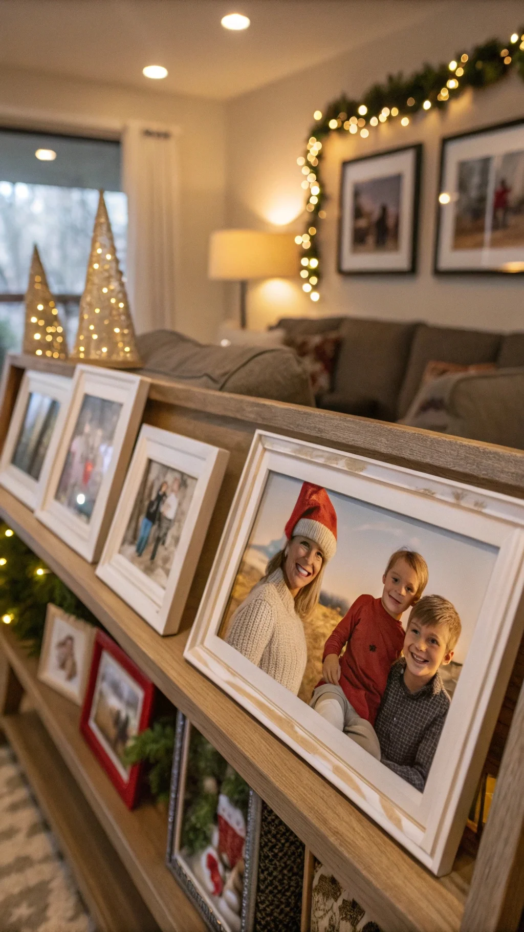 50 Charming Vintage Christmas Decor Ideas to Transform Your Home A festive mantel with vintage photo frames displaying family pictures, surrounded by holiday decorations.