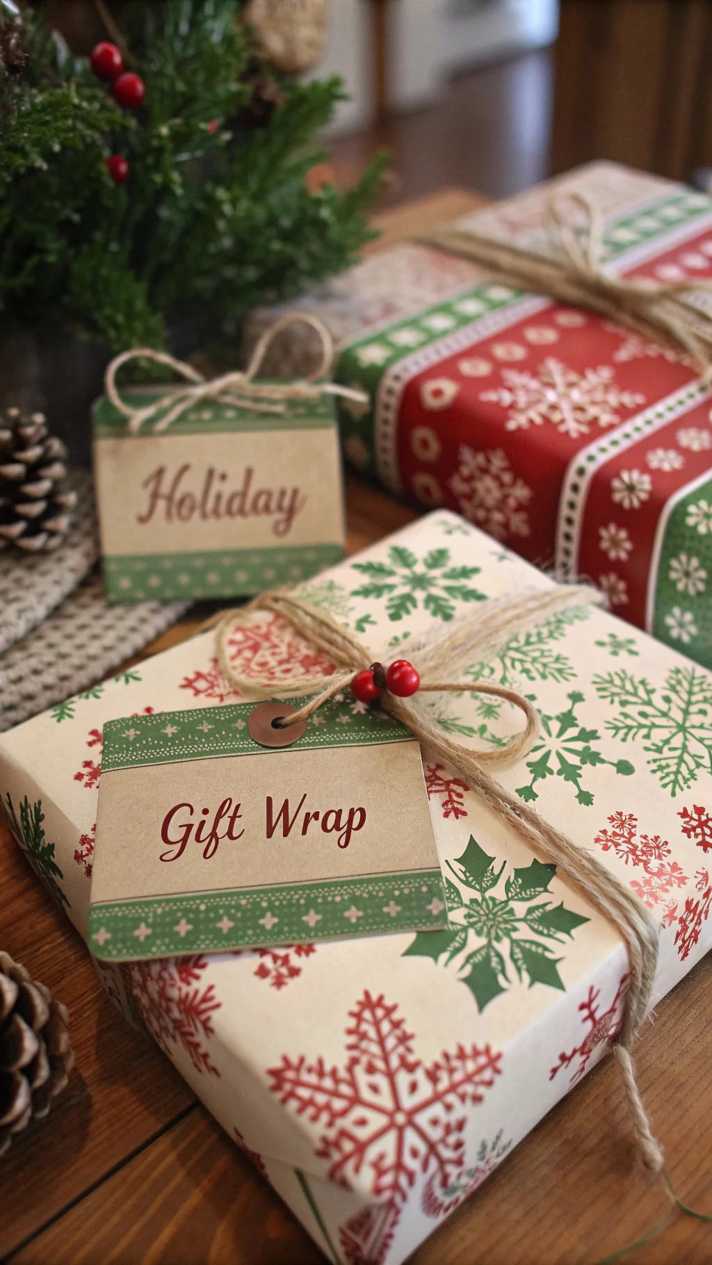 50 Charming Vintage Christmas Decor Ideas to Transform Your Home A collection of beautifully wrapped gifts with vintage-style wrapping paper and red ribbons, surrounded by holiday decorations.