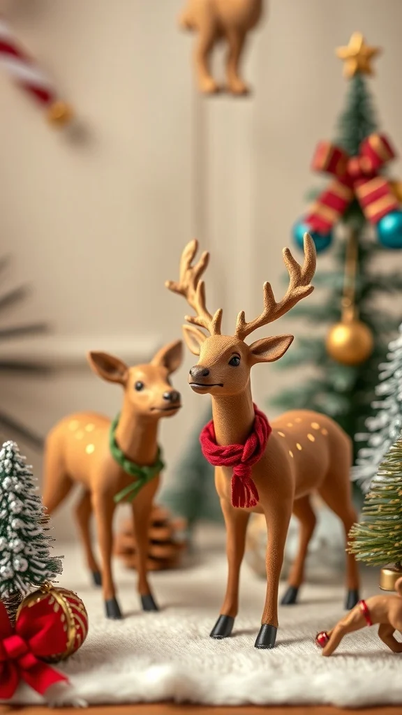 50 Charming Vintage Christmas Decor Ideas to Transform Your Home Two charming reindeer decorations with scarves, surrounded by Christmas trees and ornaments.