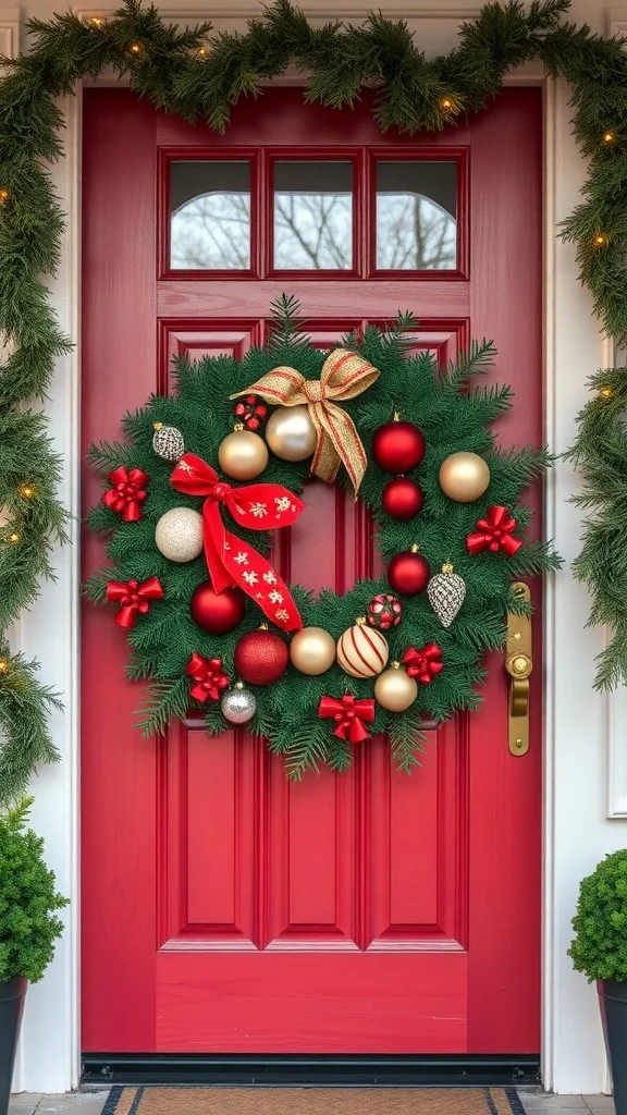 50 Charming Vintage Christmas Decor Ideas to Transform Your Home A classic holiday wreath with red and gold ornaments on a red door.