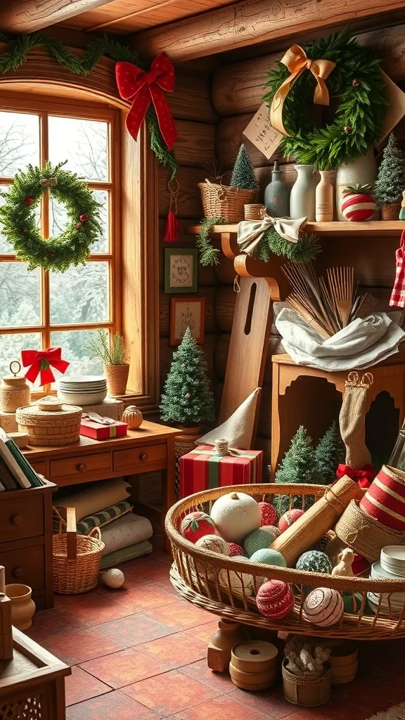 50 Charming Vintage Christmas Decor Ideas to Transform Your Home A cozy room decorated for Christmas with wreaths, ornaments, and crafting supplies.