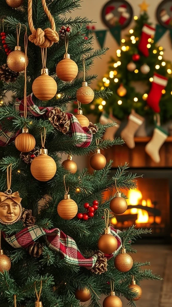 50 Charming Vintage Christmas Decor Ideas to Transform Your Home A Christmas tree decorated with rustic wooden ornaments and garlands, featuring a cozy plaid ribbon and a warm fireplace in the background.