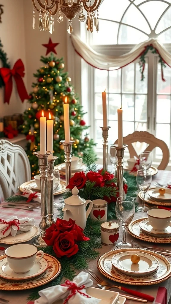 50 Charming Vintage Christmas Decor Ideas to Transform Your Home A beautifully set retro holiday table with elegant china, glassware, and festive decorations.
