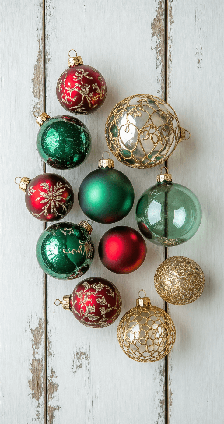 Overhead view of a collection of heirloom ornaments on a rustic white wooden table, featuring vintage mercury glass balls in deep green, hand-painted crimson baubles, delicate gold filigree, and artisanal blown glass, illuminated by natural light.