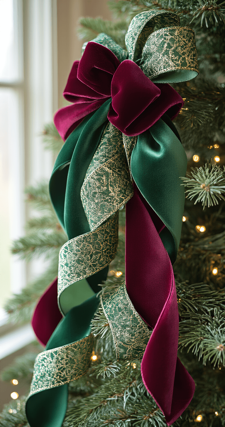 Close-up of a Christmas tree corner featuring emerald silk ribbon intertwined with burgundy velvet in a graceful cascade, highlighting rich textures and subtle sheen under soft window light with twinkling LED lights in the background.