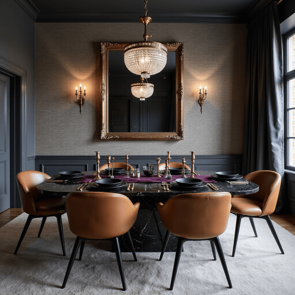 An elegant open-plan dining area featuring a striking black marble table surrounded by cognac leather chairs. Ambient dusk lighting highlights charcoal grasscloth wallpaper, while an antique mirror reflects a modern crystal chandelier. Brass candlesticks, black stoneware, and a deep purple velvet table runner add luxurious accents.