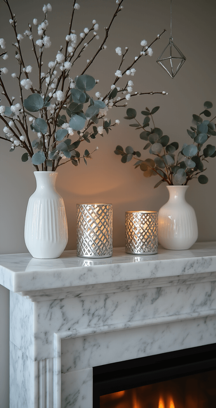 Intimate evening vignette featuring a contemporary fireplace mantel with a white marble surround, asymmetrical geometric silver candleholders, white ceramic vases filled with frosted branches, and metallic ornaments suspended above, all bathed in warm uplighting for dramatic effect.