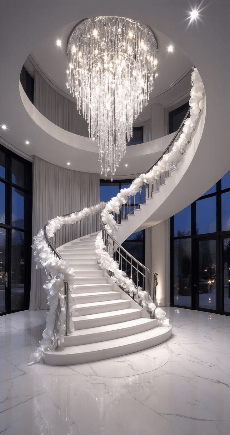 Dramatic entryway with a sweeping spiral staircase adorned with white garland and silver ribbon, illuminated by a modern crystal chandelier under an 18-foot ceiling, reflecting on white marble floors in an evening setting.