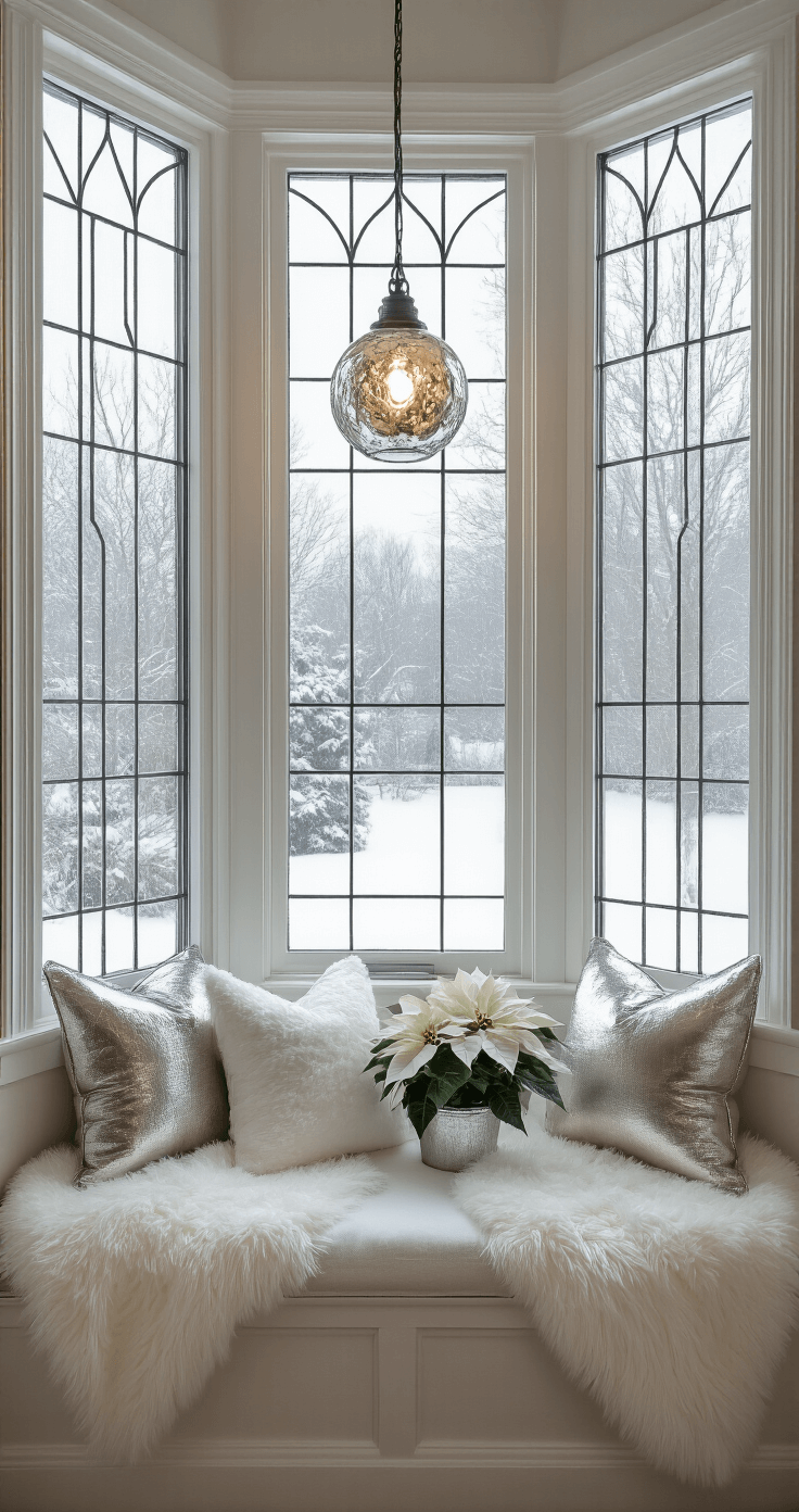 Cozy window seat nook with built-in storage, featuring white faux fur throws, metallic pillows, and potted white poinsettias, framed by falling snow outside leaded glass windows, illuminated by a hanging mercury glass pendant light.