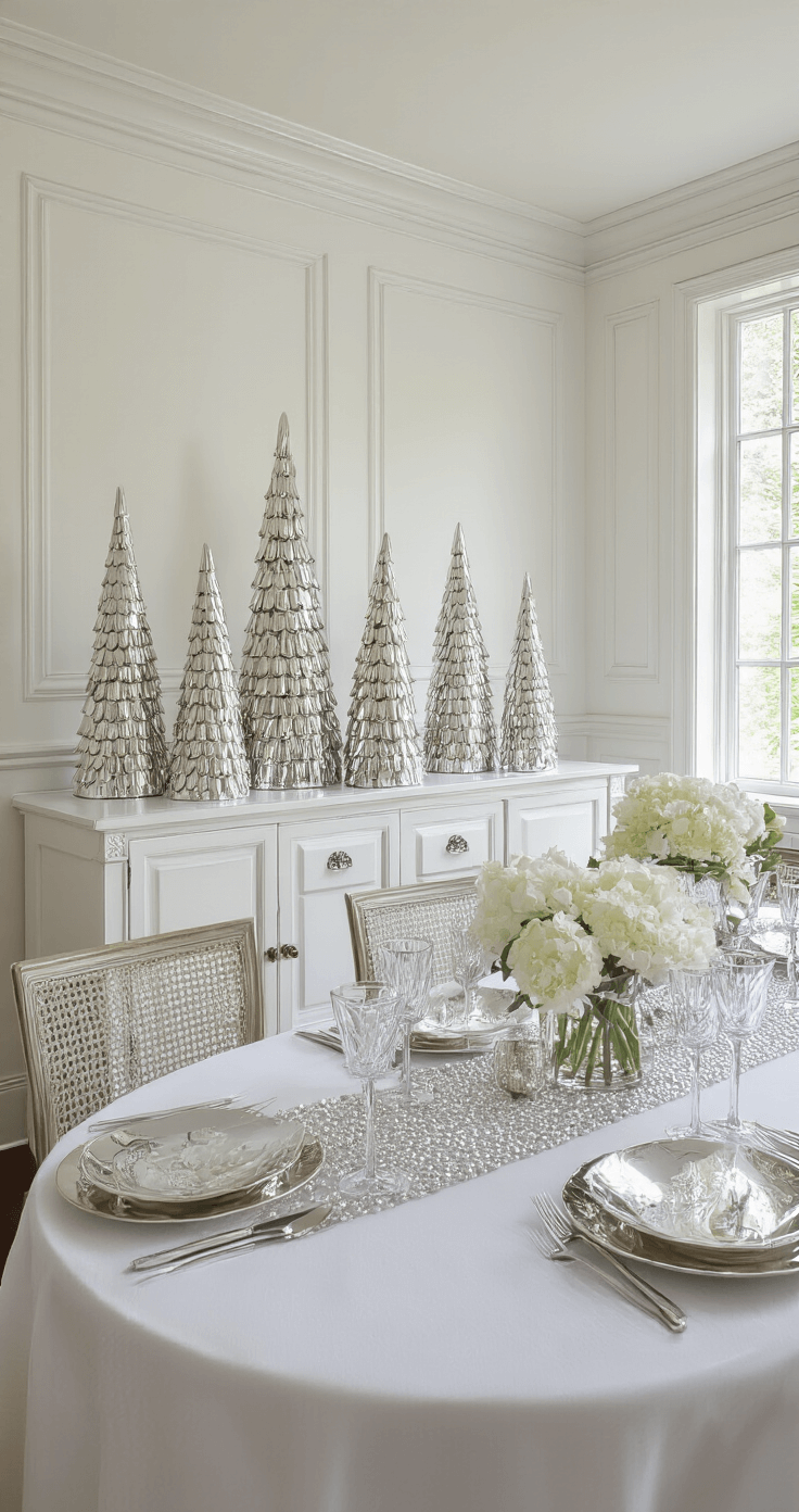 Bright and airy dining room corner with wainscoting and crown molding, featuring floor-to-ceiling windows letting in morning light. A white lacquered sideboard displays mercury glass trees of varying heights, while a table draped in a white silk tablecloth showcases metallic chargers and crystal champagne glasses, all captured from a wide-angle perspective at chest height.