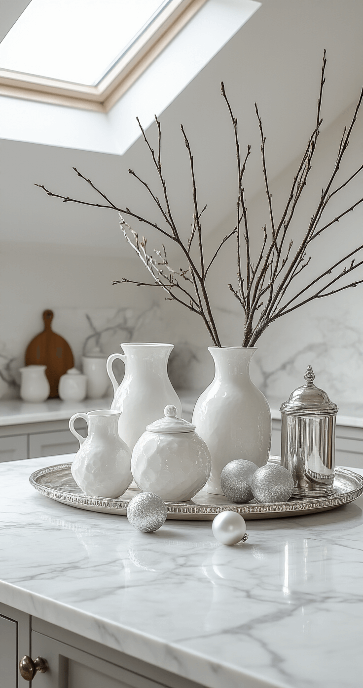 A modern kitchen island vignette showcasing a white marble countertop with dramatic veining, illuminated by afternoon light from a skylight. The arrangement includes white and silver ceramic vessels filled with winter branches, along with scattered metallic ornaments and vintage silver serving pieces, captured from above at a 45-degree angle to highlight surface texture and composition.