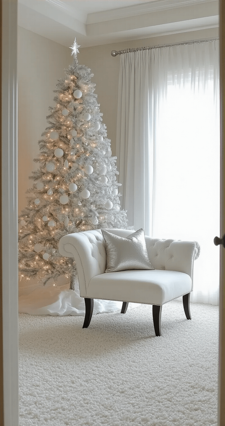 A serene master bedroom sitting area featuring a white upholstered chaise with metallic throw pillows, a 7-foot slim flocked Christmas tree adorned with white and crystal ornaments, and a plush white carpet with metallic thread, all illuminated by dawn light filtering through sheer silvery drapes, captured from the doorway.