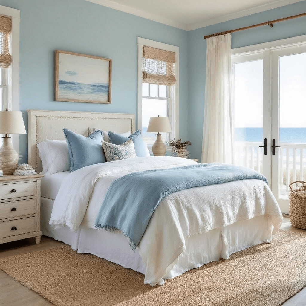Bright bedroom corner with sky blue walls, sandy beige trim, white slipcovered queen bed layered with ocean-inspired blues, weathered white oak furniture, and nautical rope accents, illuminated by natural light.