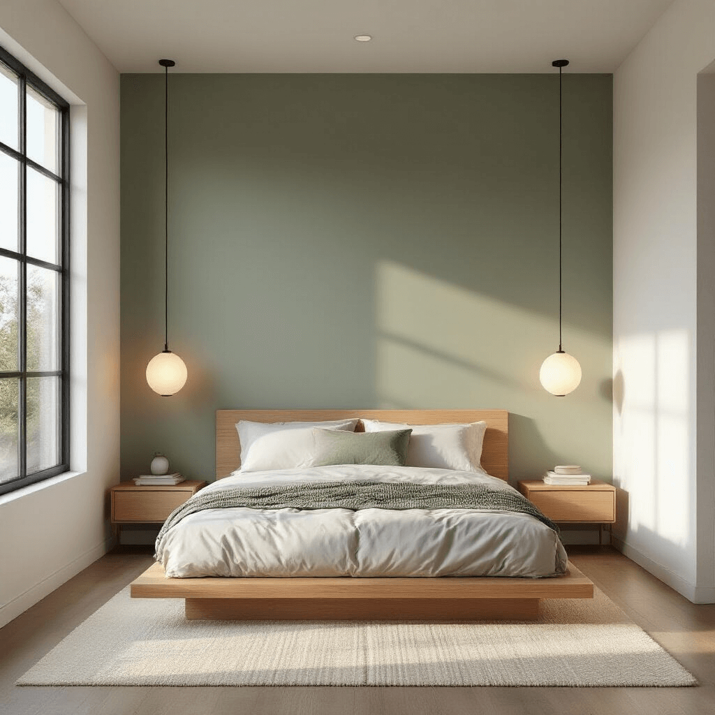 Modern Zen-inspired bedroom at dawn with sage green accent wall, warm white surrounding walls, low-profile natural oak furniture, minimalist pendant lighting, and a textured cream wool rug.