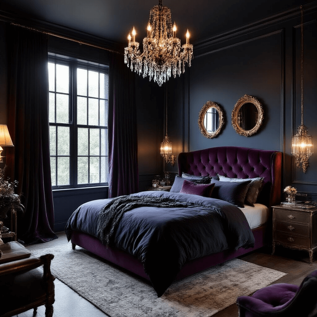 Elegant bedroom with navy walls, king bed featuring aubergine velvet headboard, charcoal silk bedding, crystal chandelier, antique brass mirrors, and velvet drapes creating a luxurious atmosphere.
