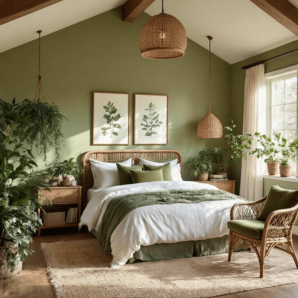 Peaceful bedroom with vaulted ceilings, sage green walls, white bedding with olive accents, golden hour sunlight, potted plants, botanical artwork, and natural rattan lighting fixtures.