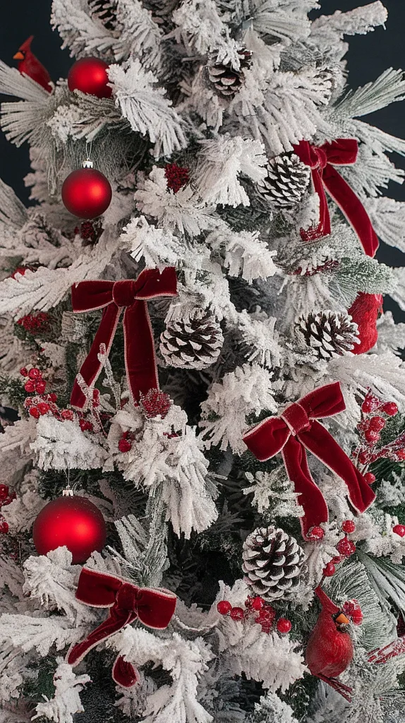 Snowy Flocked Christmas Tree with Red Decorations Snowy Flocked Christmas Tree with Red Decorations