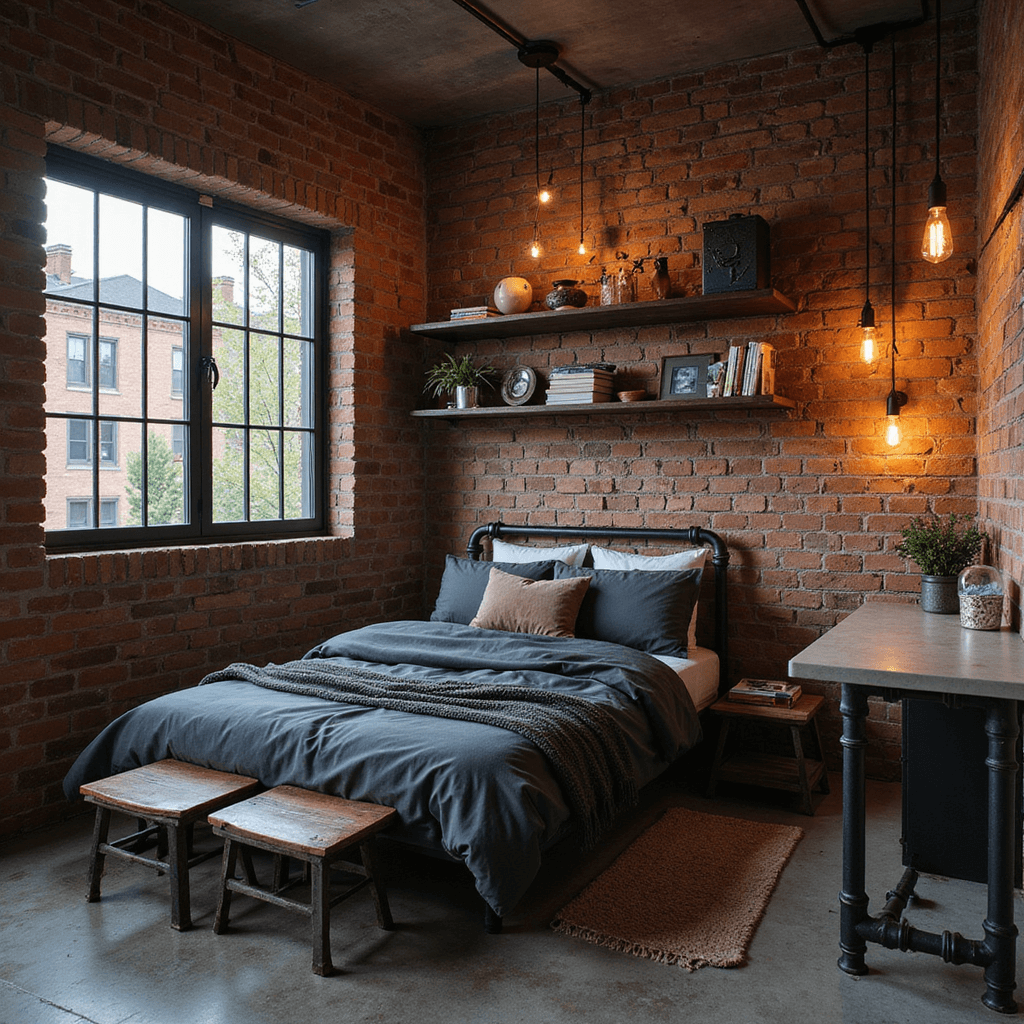 Crafting a Chic and Practical Teen Bedroom Retreat An industrial-inspired teen bedroom with an exposed brick wall, metal-framed bed dressed in charcoal linens, and pipe-style shelving filled with books. A concrete desk complements the look, illuminated by warm Edison bulbs, all captured in moody dusk lighting with a palette of grays, blacks, and warm metallics.