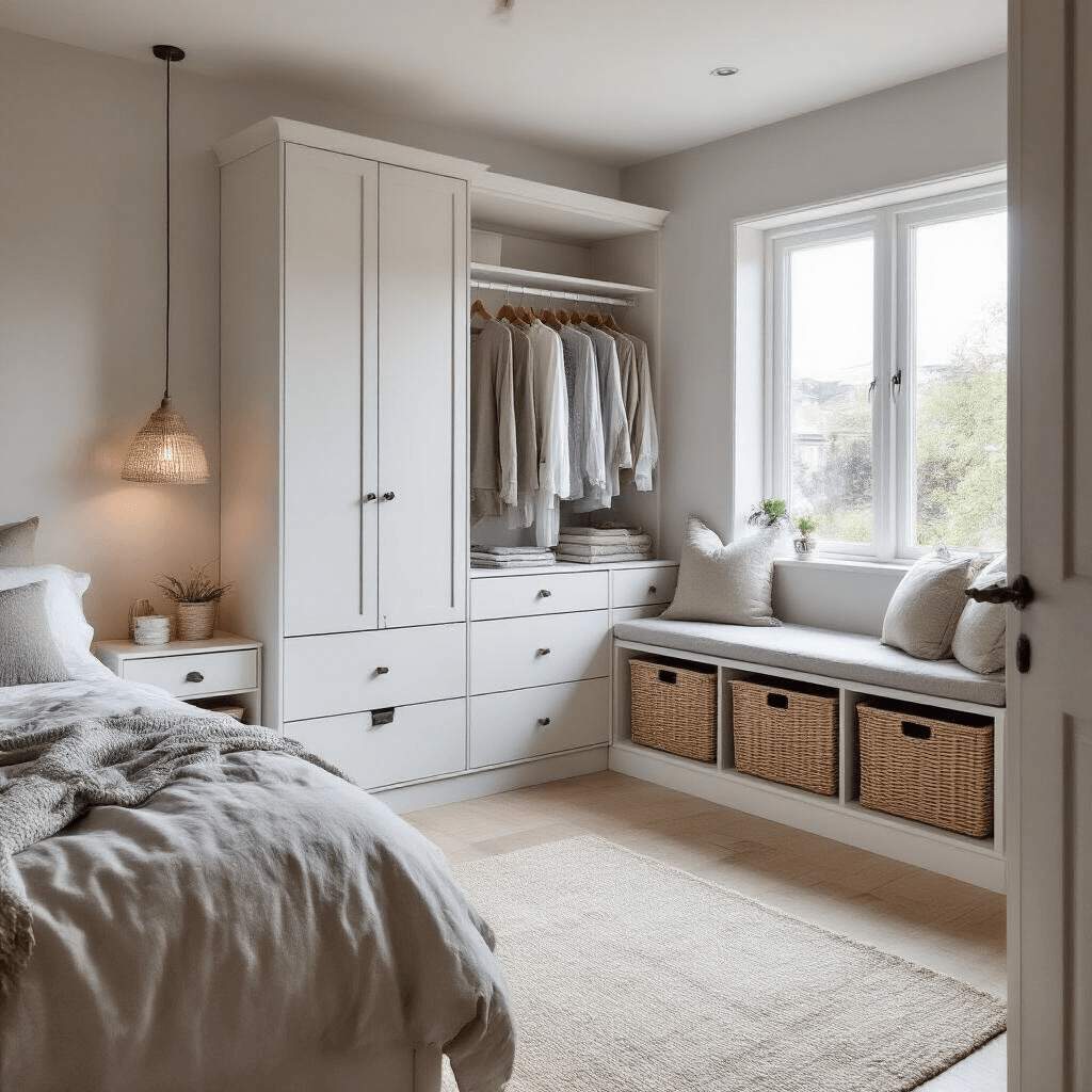 Scandinavian-style bedroom with a multifunctional white dresser featuring an extendable clothes rail, rattan baskets under a window seat, and minimalist floating nightstands illuminated by natural light.