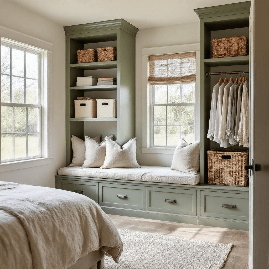 Modern farmhouse bedroom with a sage green built-in window seat, distressed white shelving with storage bins, and a bronze rolling garment rack illuminated by natural light.