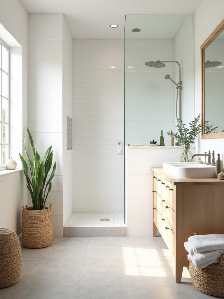 Neutral farmhouse bathroom with light neutrals, natural textures